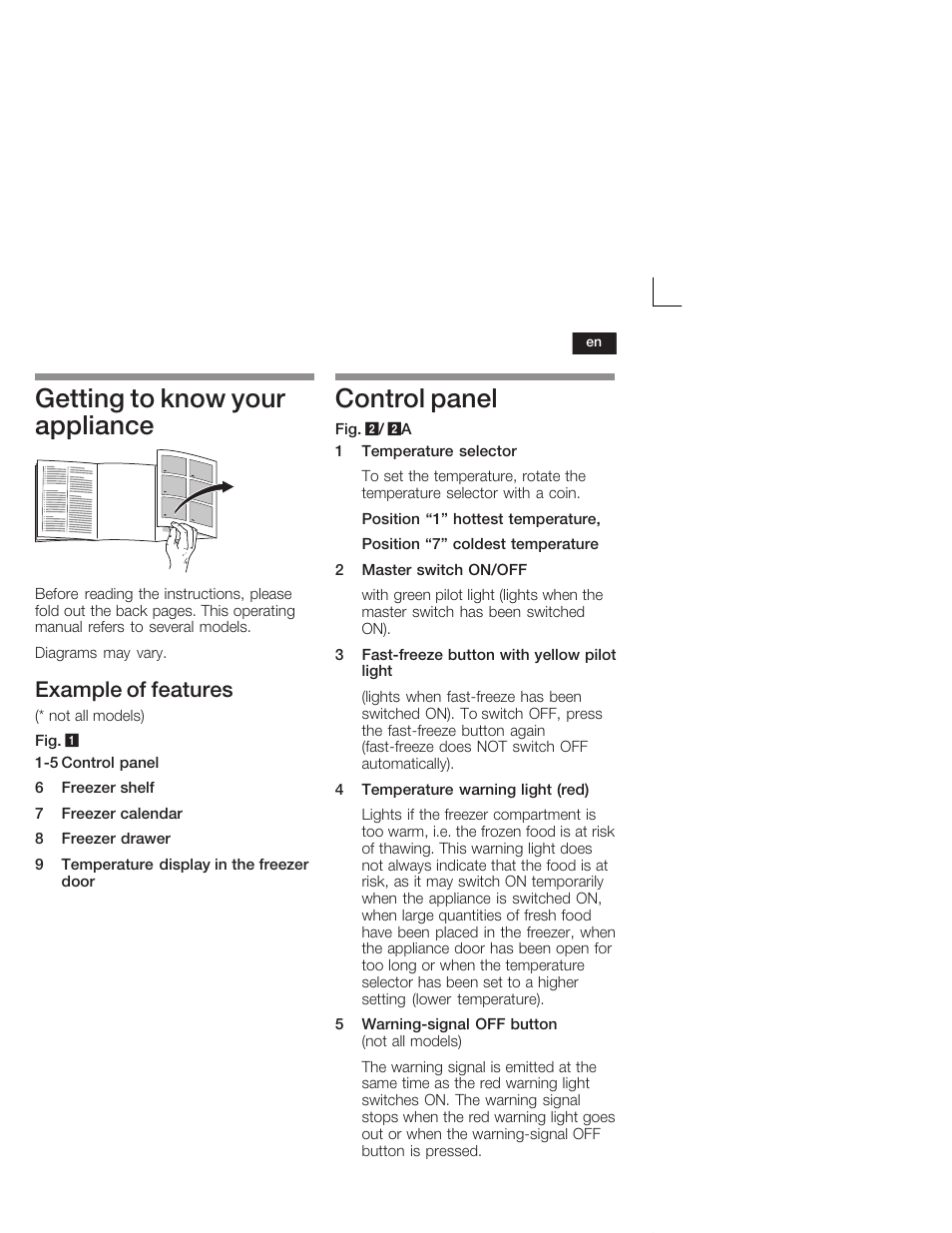 Getting to know your appliance, Control panel, Example of features | Siemens GI18DA65 User Manual | Page 17 / 65