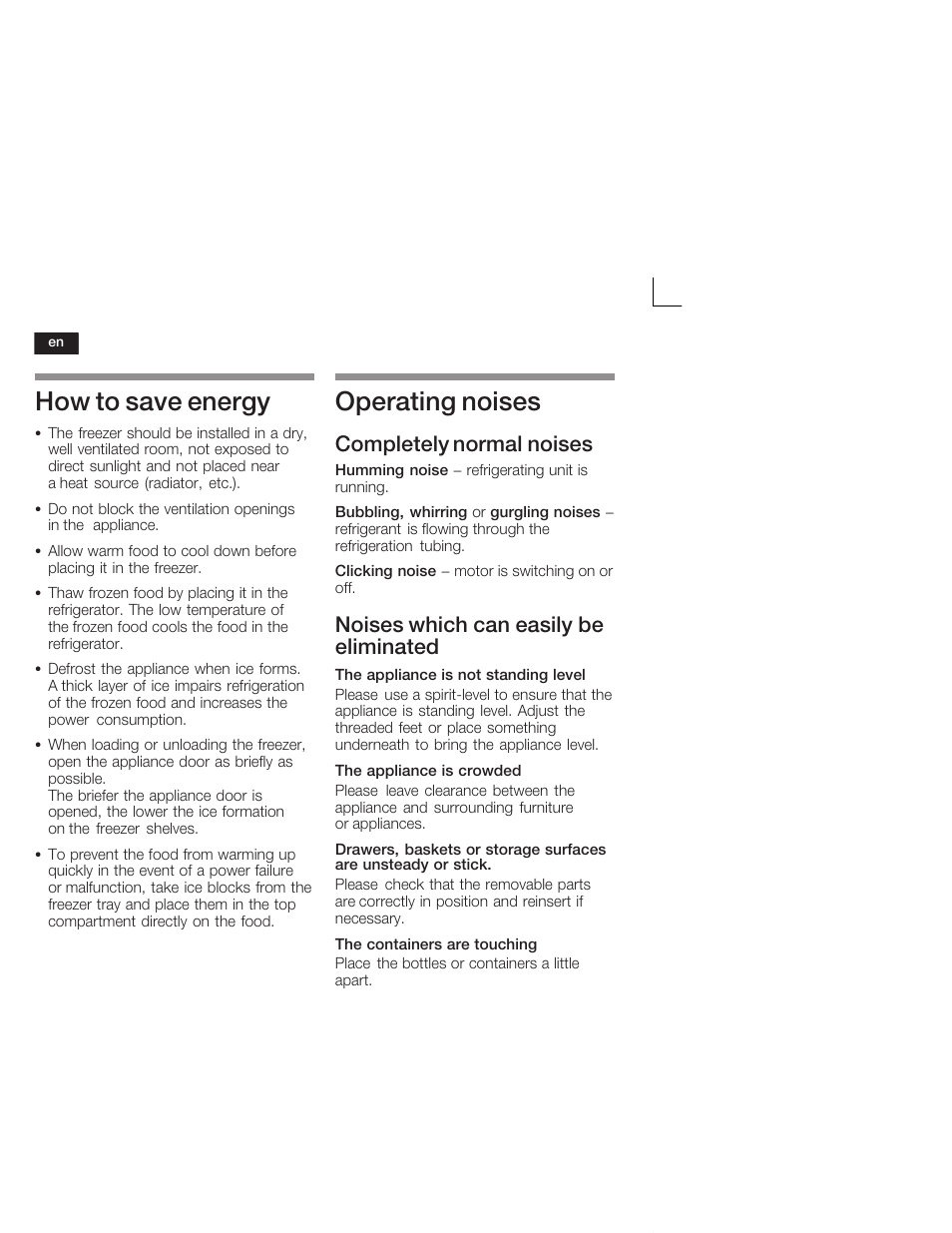 How to save energy, Operating noises, Completely normal noises | Noises which can easily be eliminated | Siemens GI18DA65 User Manual | Page 24 / 65