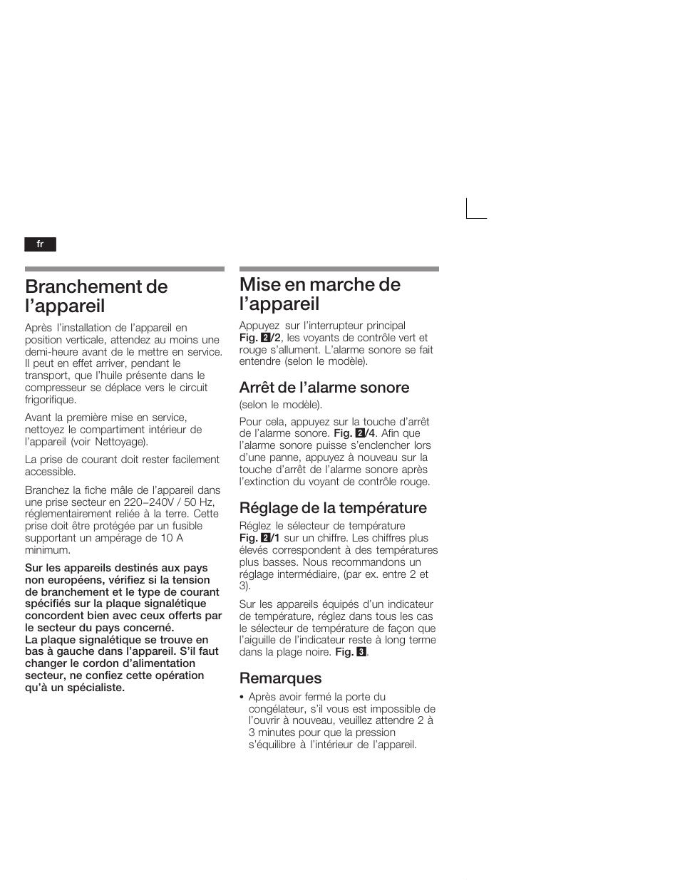 Branchement de l'appareil, Mise en marche de l'appareil, Arrêt de l'alarme sonore | Réglage de la température, Remarques | Siemens GI18DA65 User Manual | Page 30 / 65