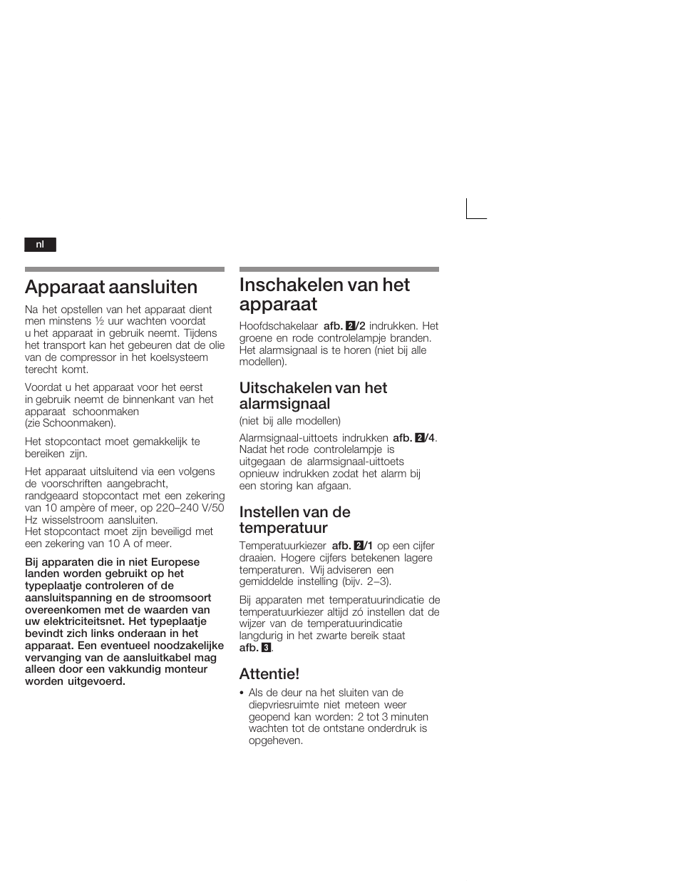 Apparaat aansluiten, Inschakelen van het apparaat, Uitschakelen van het alarmsignaal | Instellen van de temperatuur, Attentie | Siemens GI18DA65 User Manual | Page 54 / 65