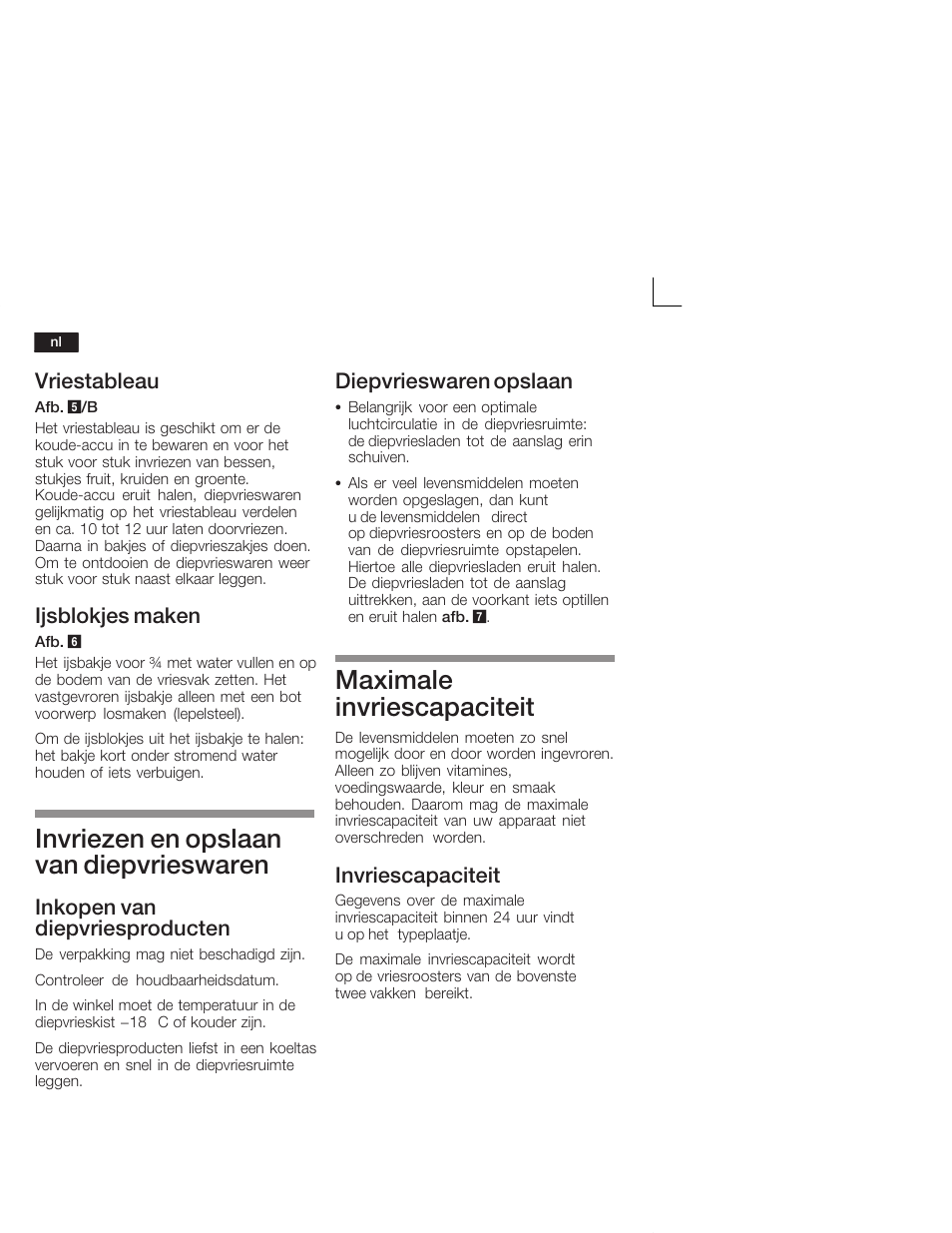 Invriezen en opslaan van diepvrieswaren, Maximale invriescapaciteit, Vriestableau | Ijsblokjes maken, Inkopen van diepvriesproducten, Diepvrieswaren opslaan, Invriescapaciteit | Siemens GI18DA65 User Manual | Page 56 / 65