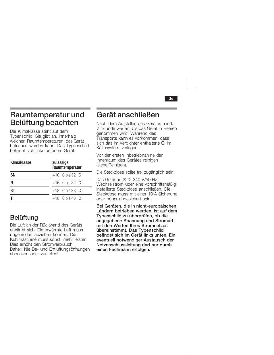 Raumtemperatur und belüftung beachten, Gerät anschließen, Belüftung | Siemens GI18DA65 User Manual | Page 7 / 65