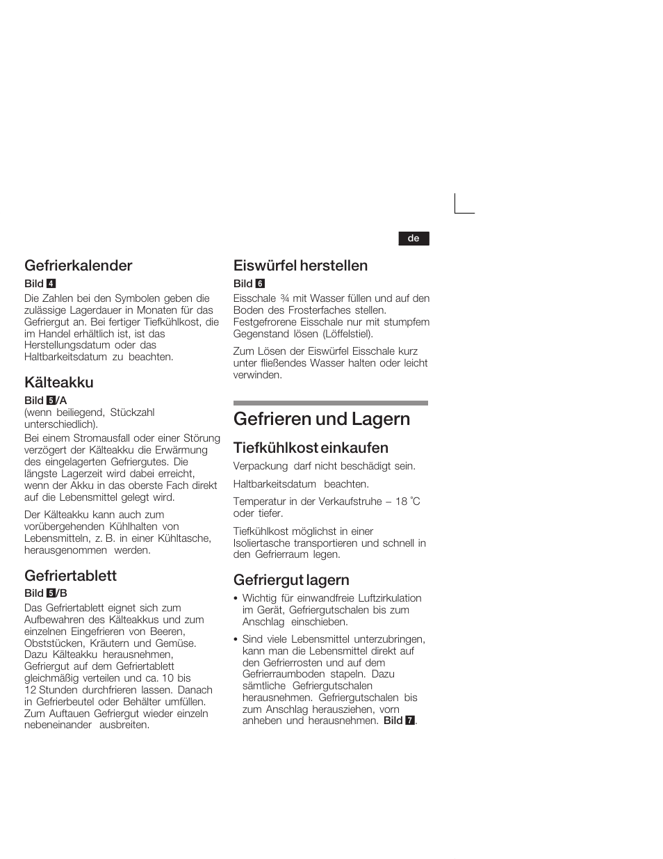 Gefrieren und lagern, Gefrierkalender, Kälteakku | Gefriertablett, Eiswürfel herstellen, Tiefkühlkost einkaufen, Gefriergut lagern | Siemens GI18DA65 User Manual | Page 9 / 65