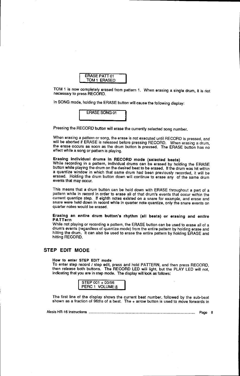 Step edit mode, Step edit mqde | ALESIS HR-16:B User Manual | Page 10 / 72