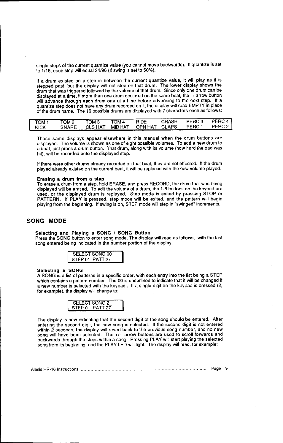 Erasing a drum from a step, Song mode, Selecting and playing a song / song button | Selecting a song | ALESIS HR-16:B User Manual | Page 11 / 72