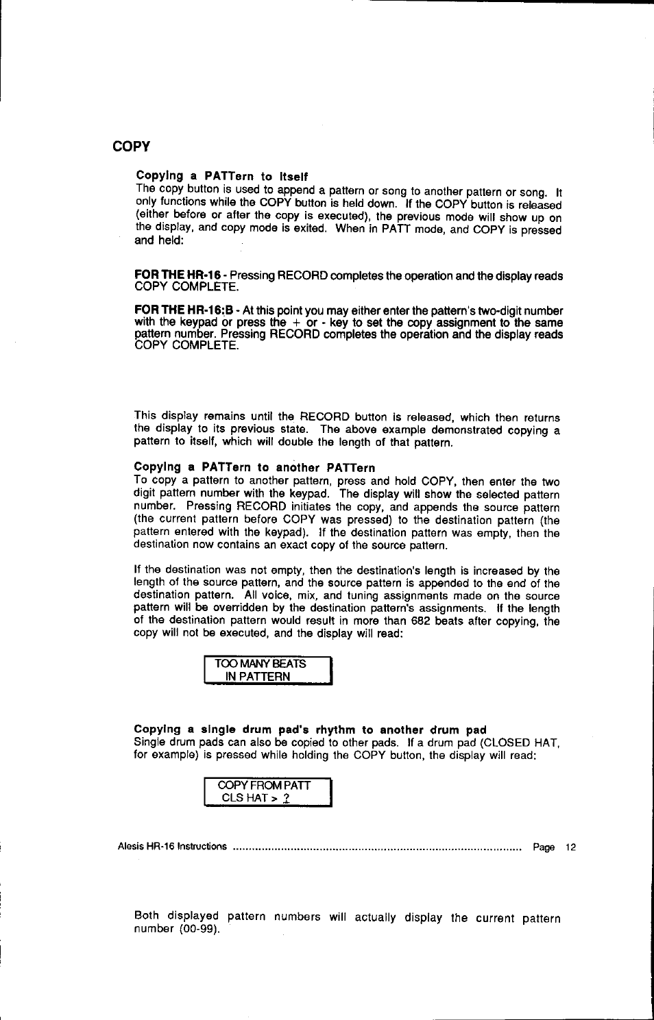 Copying a pattern to itself, Copying a pattern to another pattern | ALESIS HR-16:B User Manual | Page 14 / 72