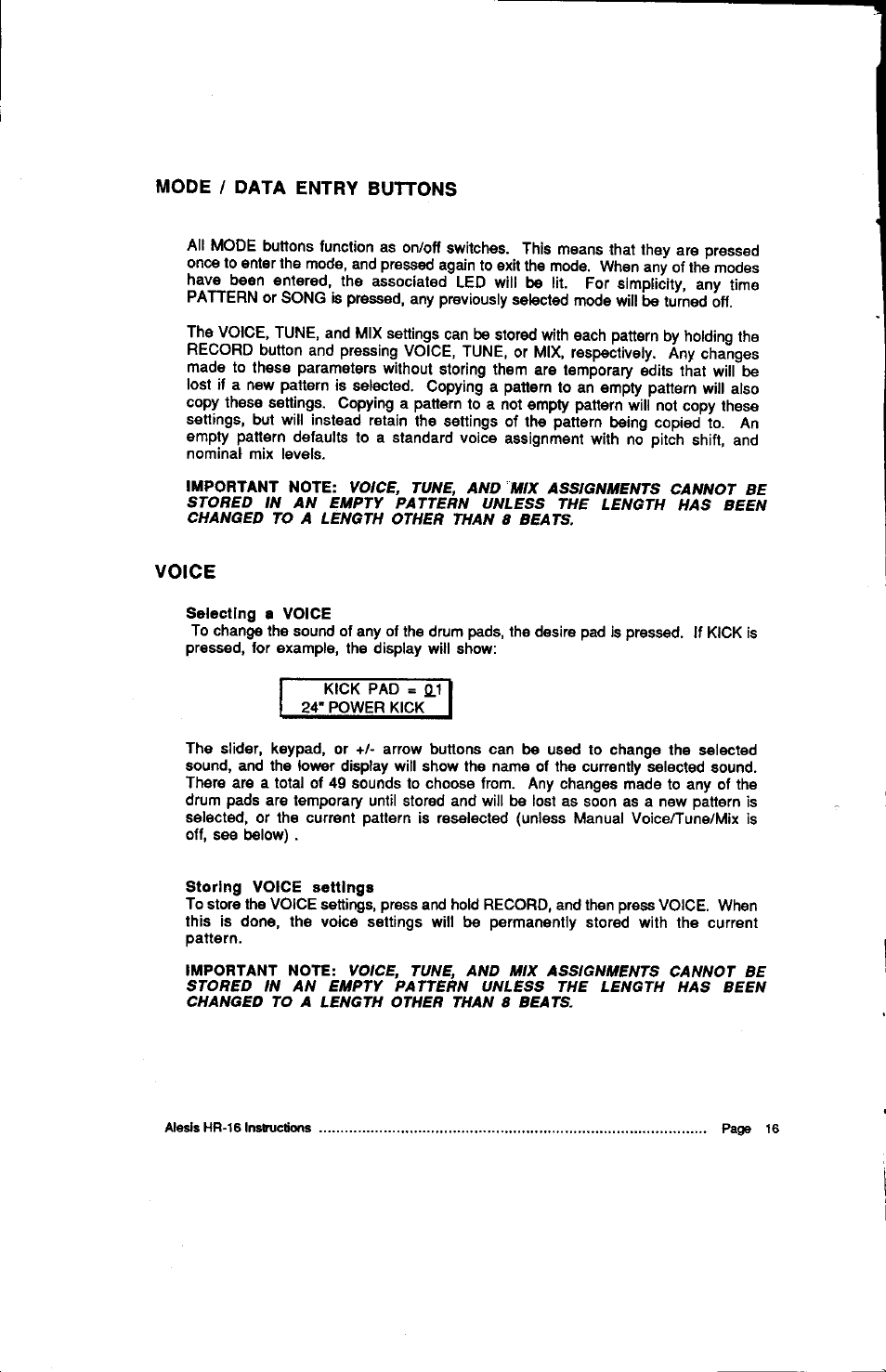 Voice, Selecting a voice, Storing voice settings | Voice 6, Mode / data entry buttons | ALESIS HR-16:B User Manual | Page 18 / 72