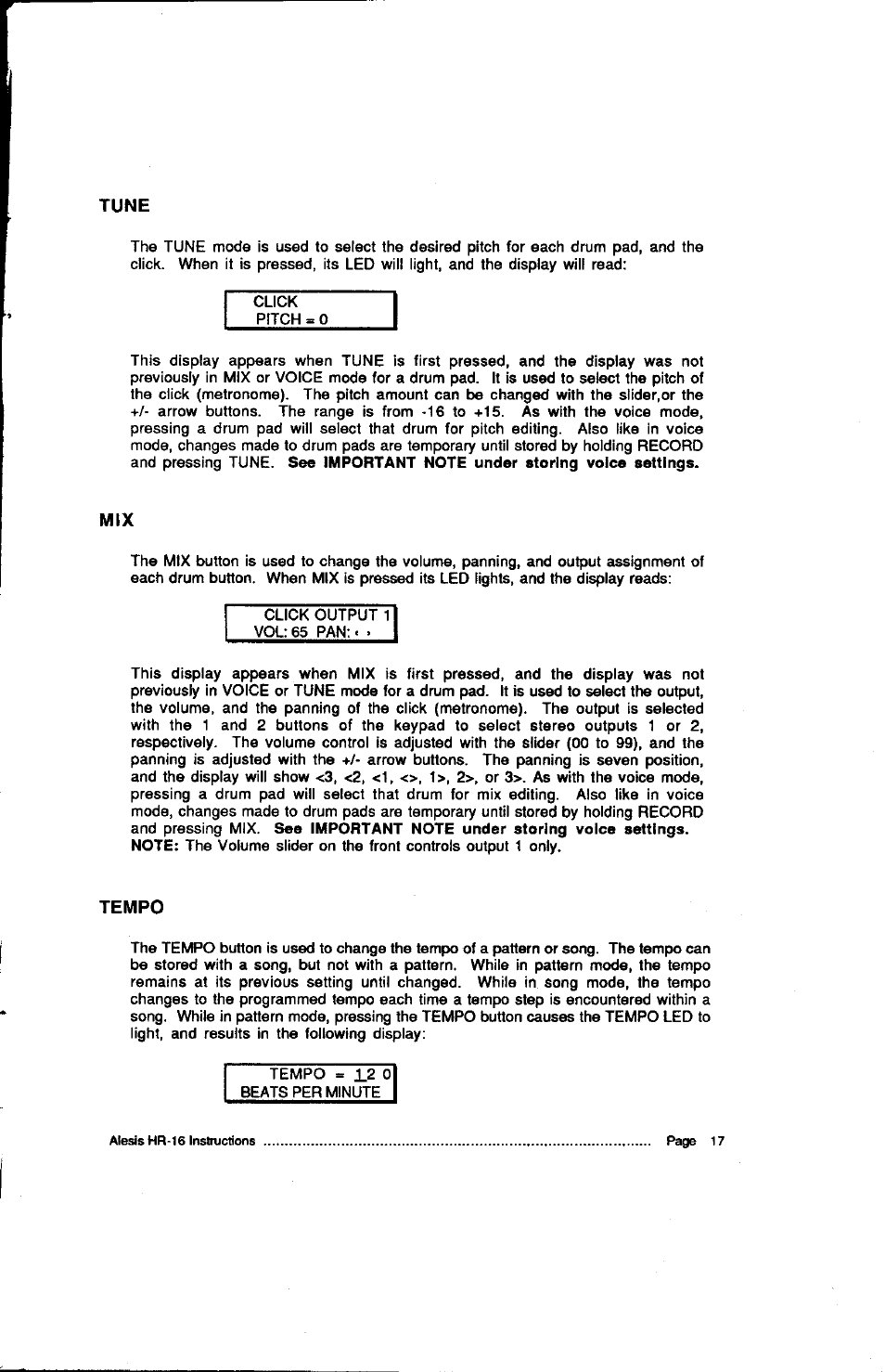 Tempo, Mix 7, Tempo 7 | Tune | ALESIS HR-16:B User Manual | Page 19 / 72