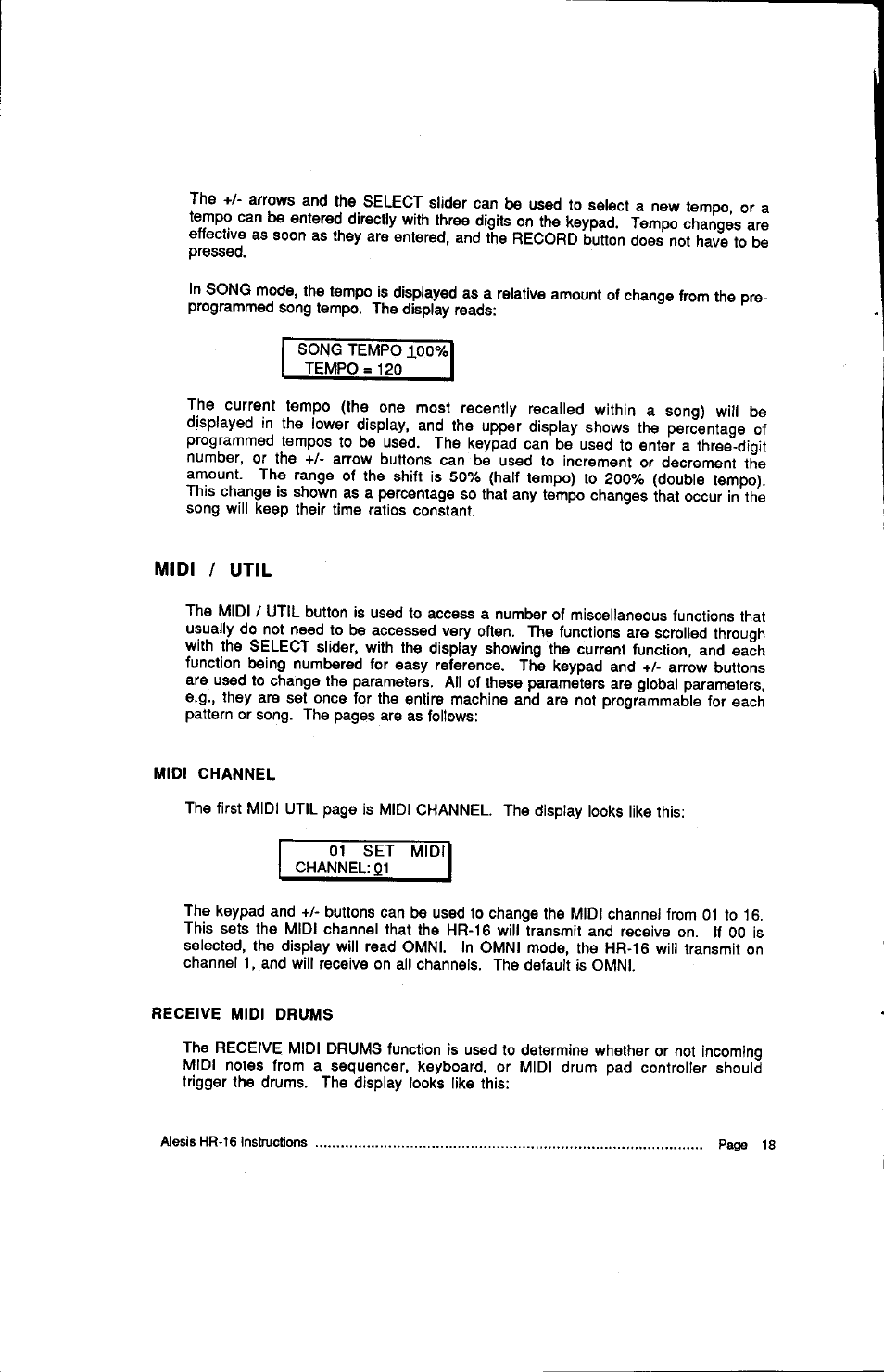 Midi channel, Receive midi drums, Midi channel receive midi drums 8 | ALESIS HR-16:B User Manual | Page 20 / 72