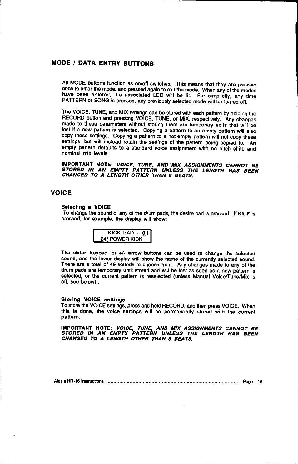 Selecting a voice, Storing voice settings, Mode / data entry buttons | ALESIS HR-16:B User Manual | Page 22 / 72