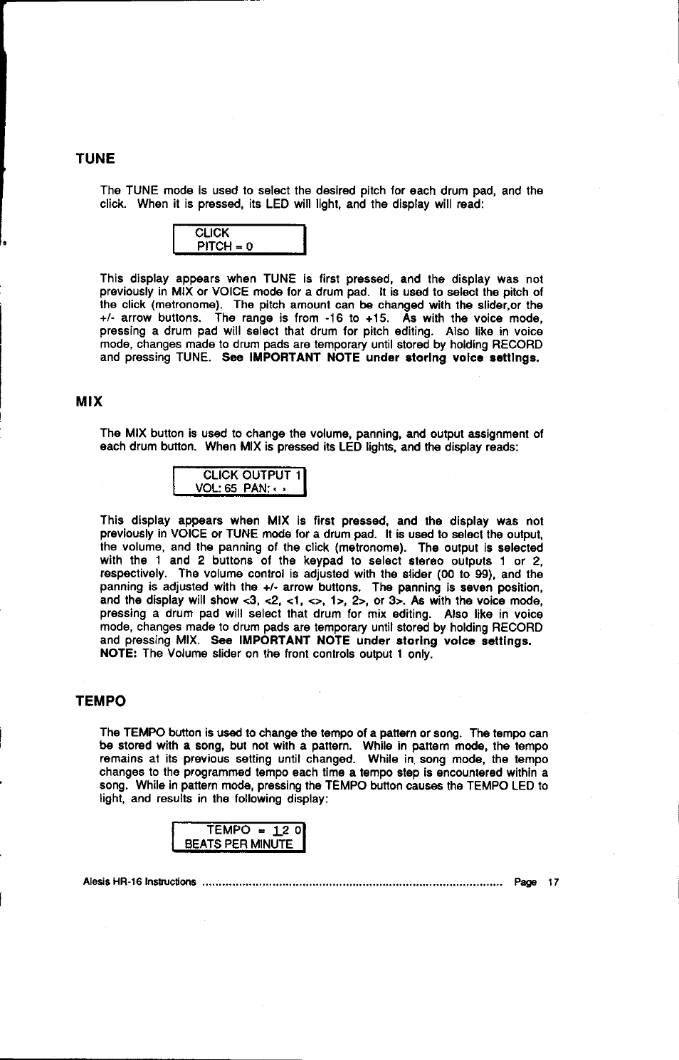 Tempo, Tune | ALESIS HR-16:B User Manual | Page 23 / 72