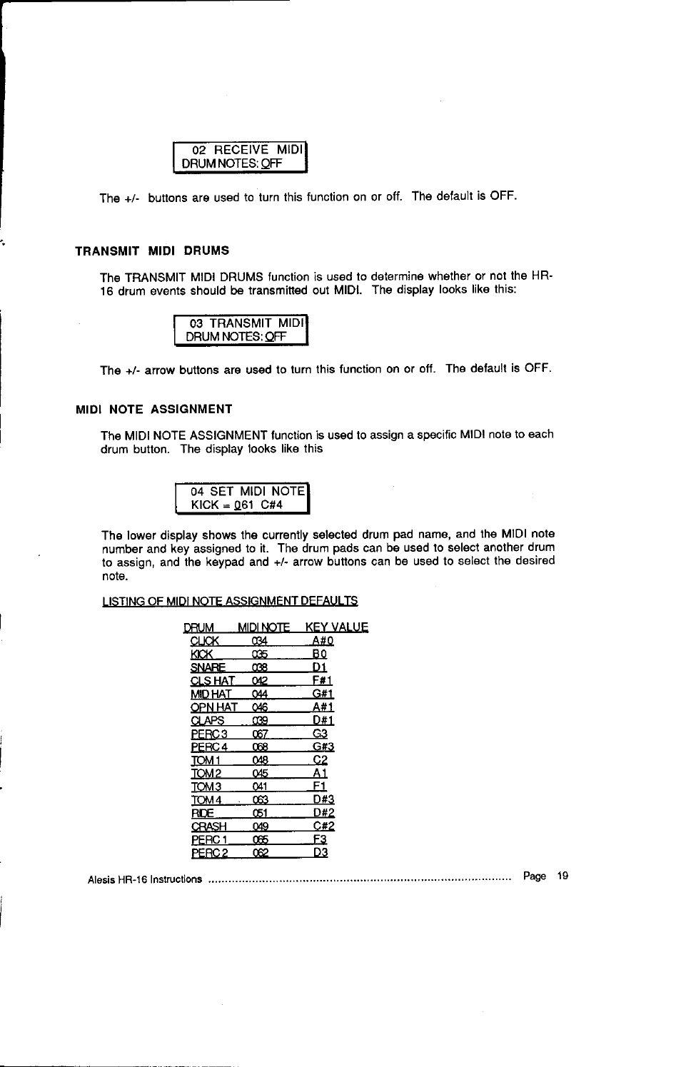 Transmit midi drums, Midi note assignment, Transmit midi drums 9 | Midi note assignment 9 | ALESIS HR-16:B User Manual | Page 25 / 72