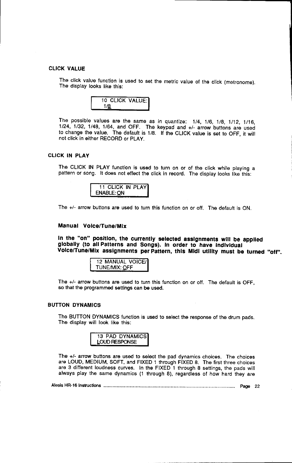 Click value, Click in play, Manual volce/tune/mix | Click value 2 click in play 2, Manual voice/tune/mix 2 | ALESIS HR-16:B User Manual | Page 28 / 72