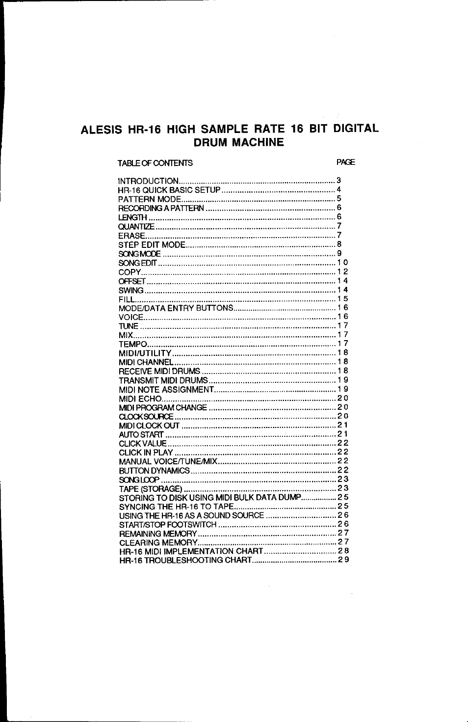 Table of contents page | ALESIS HR-16:B User Manual | Page 3 / 72