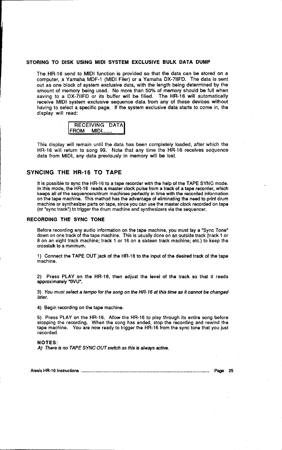 Syncing the hr-16 to tape, Syncing the hr-16 to tape 5 | ALESIS HR-16:B User Manual | Page 31 / 72