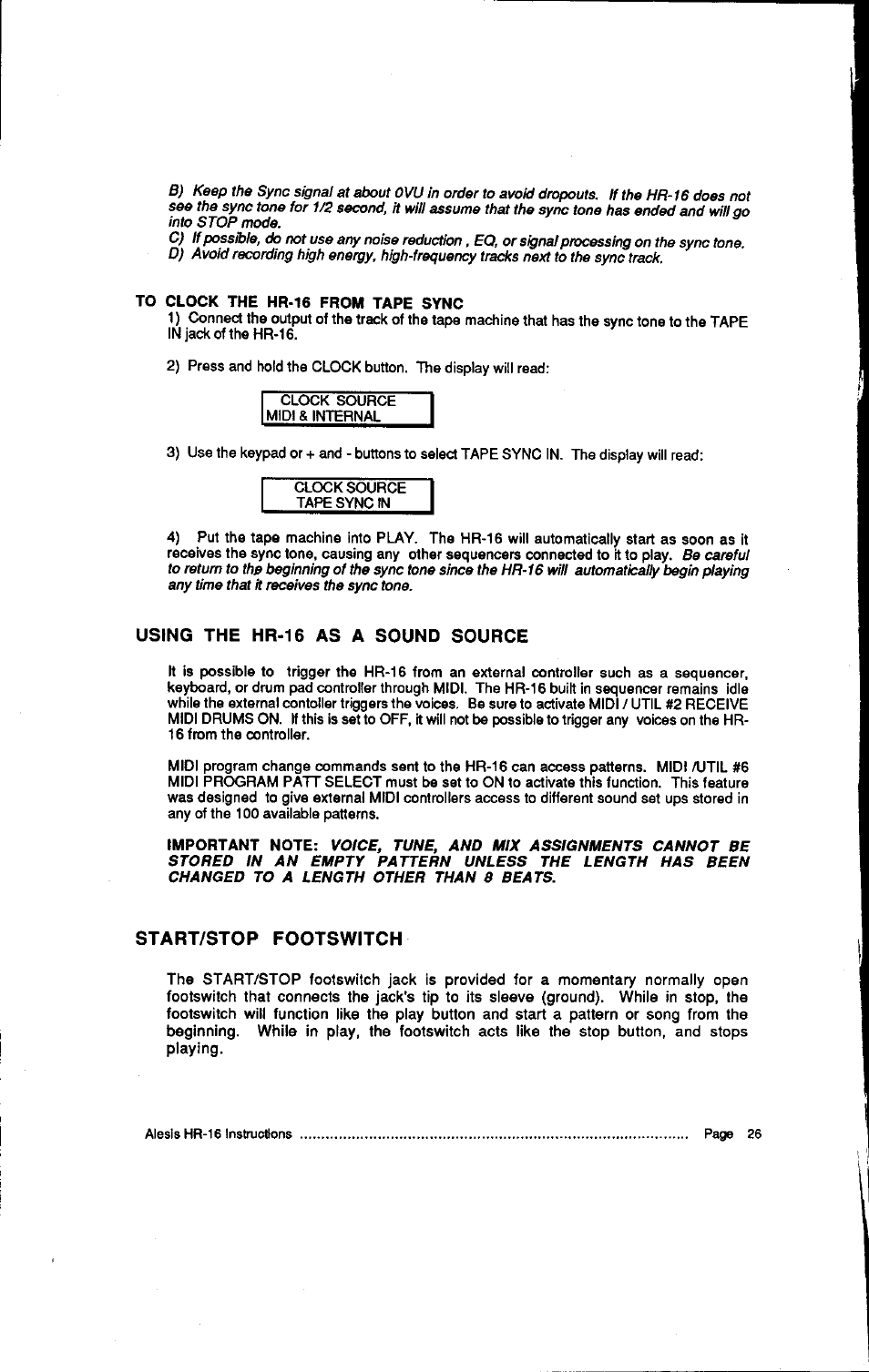 To clock the hr-16 from tape sync, Using the hr-16 as a sound source, Start/stop footswitch | ALESIS HR-16:B User Manual | Page 32 / 72