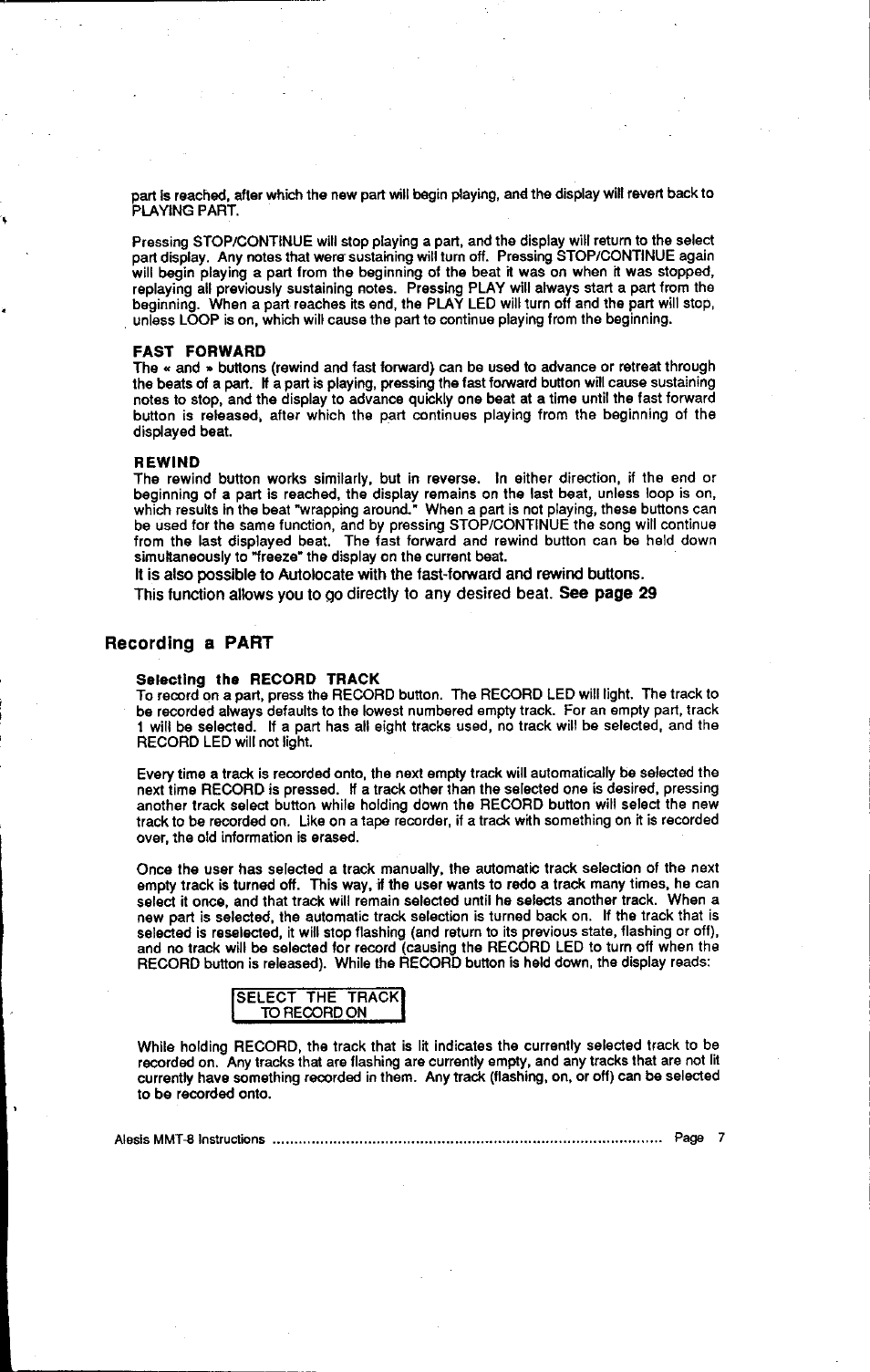 Fast forward, Rewind, Selecting the record track | ALESIS HR-16:B User Manual | Page 43 / 72