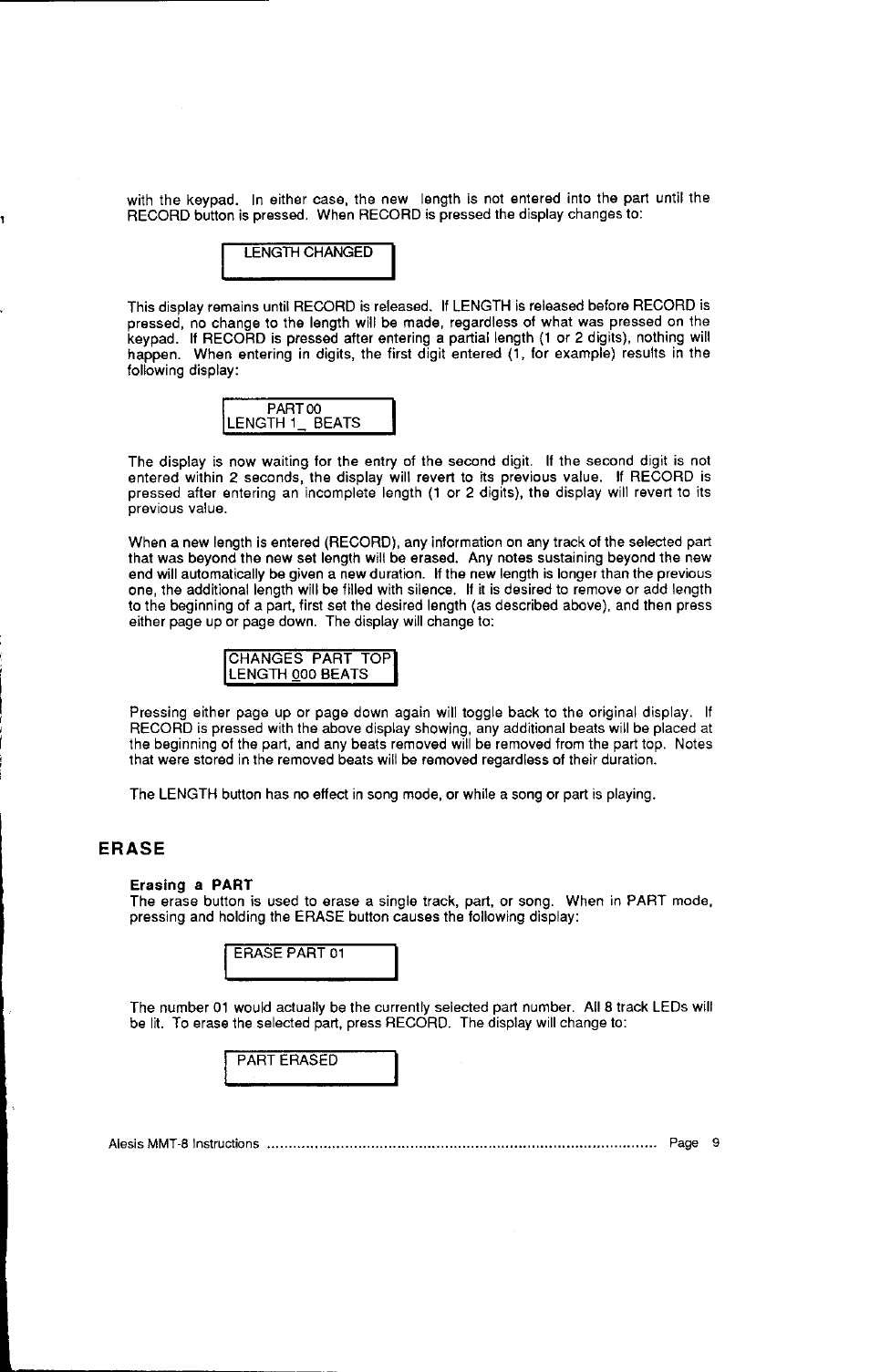 Erase, Erasing a part, Recording a part | ALESIS HR-16:B User Manual | Page 45 / 72