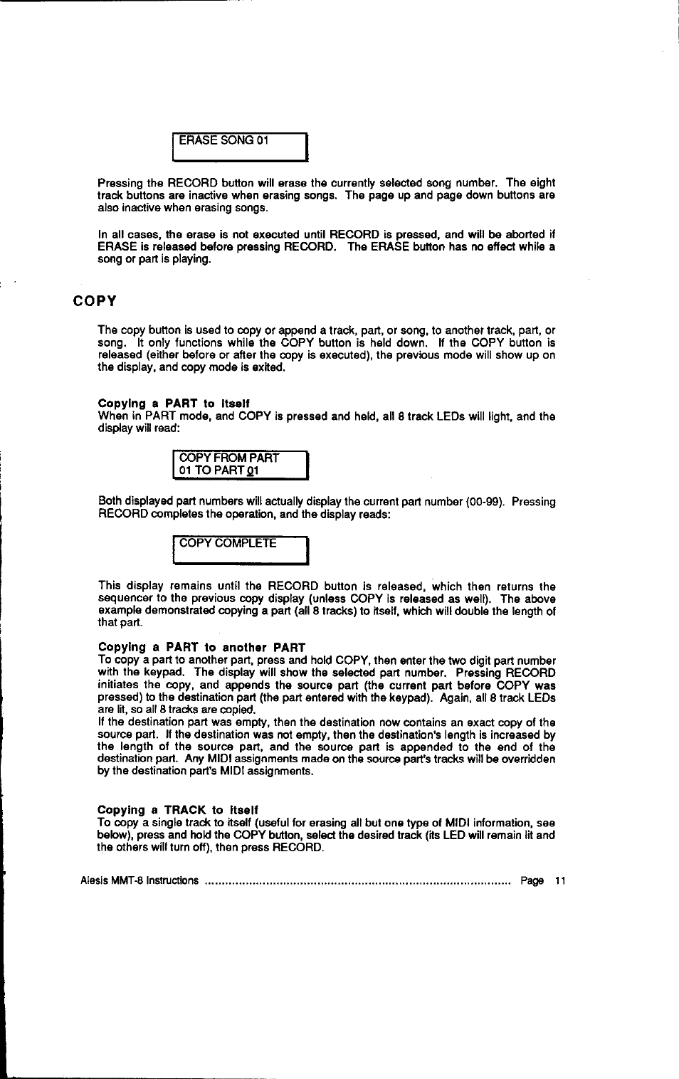 Copy, Copying a part to itself, Copying a part to another part | Copying a track to itself, Copy 1 | ALESIS HR-16:B User Manual | Page 47 / 72