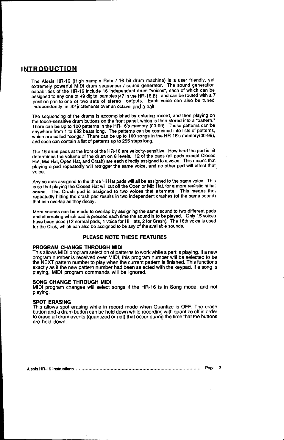 Please note these features, Program change through midi, Song change through midi | Spot erasing, Introduction | ALESIS HR-16:B User Manual | Page 5 / 72