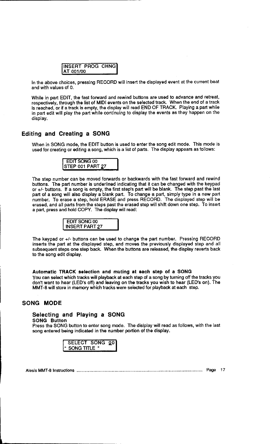 Editing and creating a song, Song mode, Selecting and playing a song | Editing and creating a song 7 | ALESIS HR-16:B User Manual | Page 57 / 72