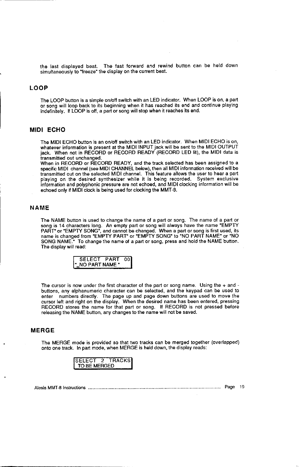 Loop, Midi echo, Name | Merge, Mefge | ALESIS HR-16:B User Manual | Page 59 / 72