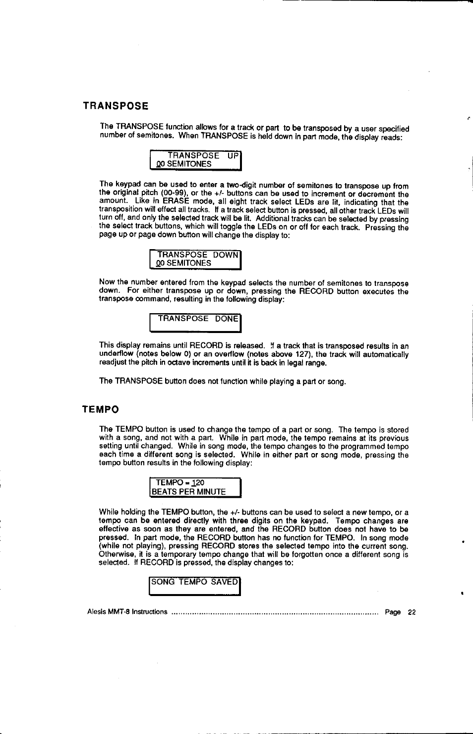 Transpose, Tempo | ALESIS HR-16:B User Manual | Page 62 / 72