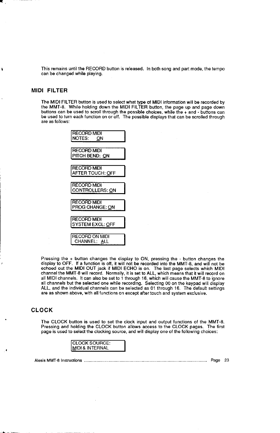 Midi filter, Clock | ALESIS HR-16:B User Manual | Page 63 / 72