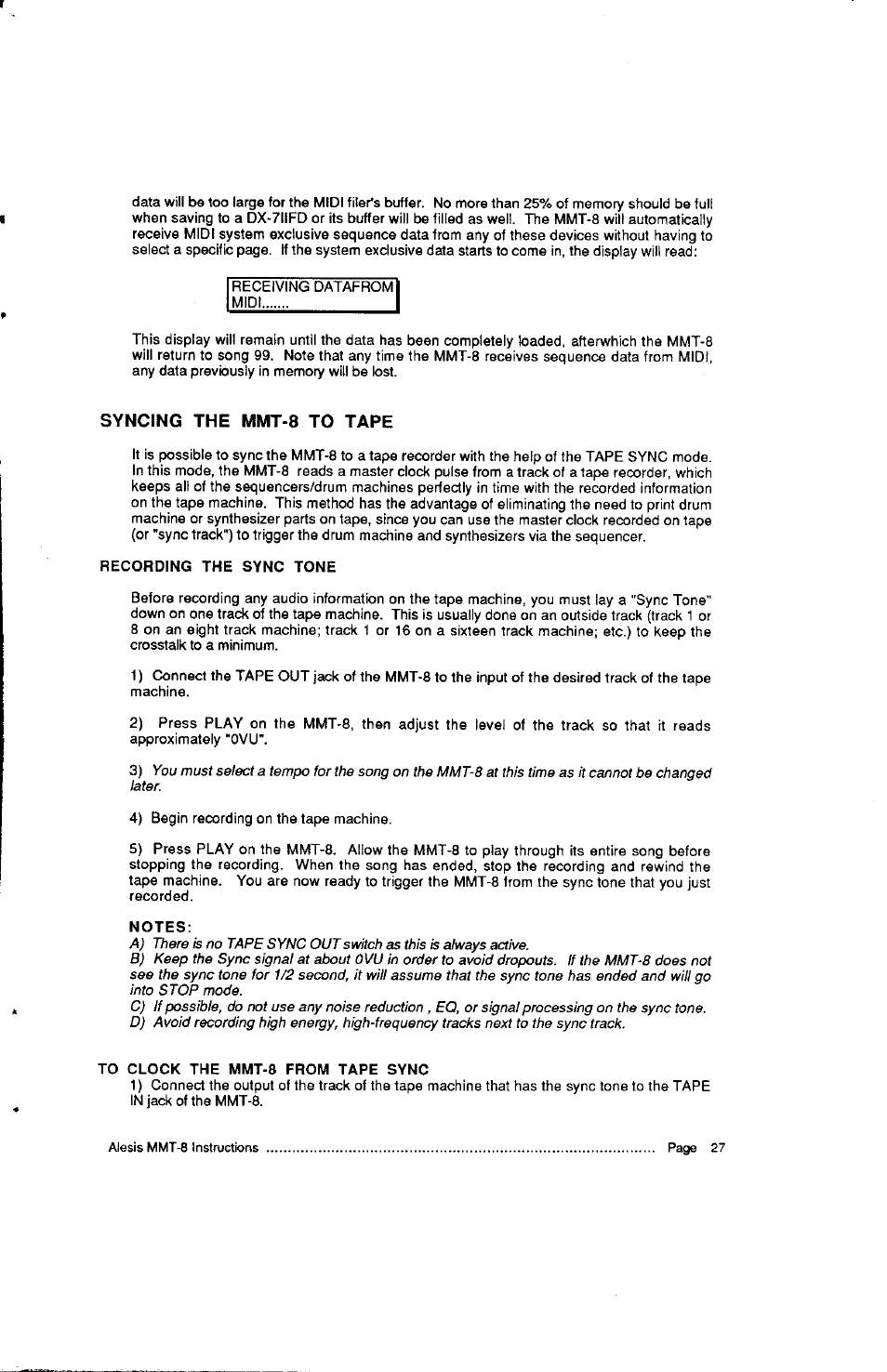 Syncing the mmt-8 to tape | ALESIS HR-16:B User Manual | Page 67 / 72