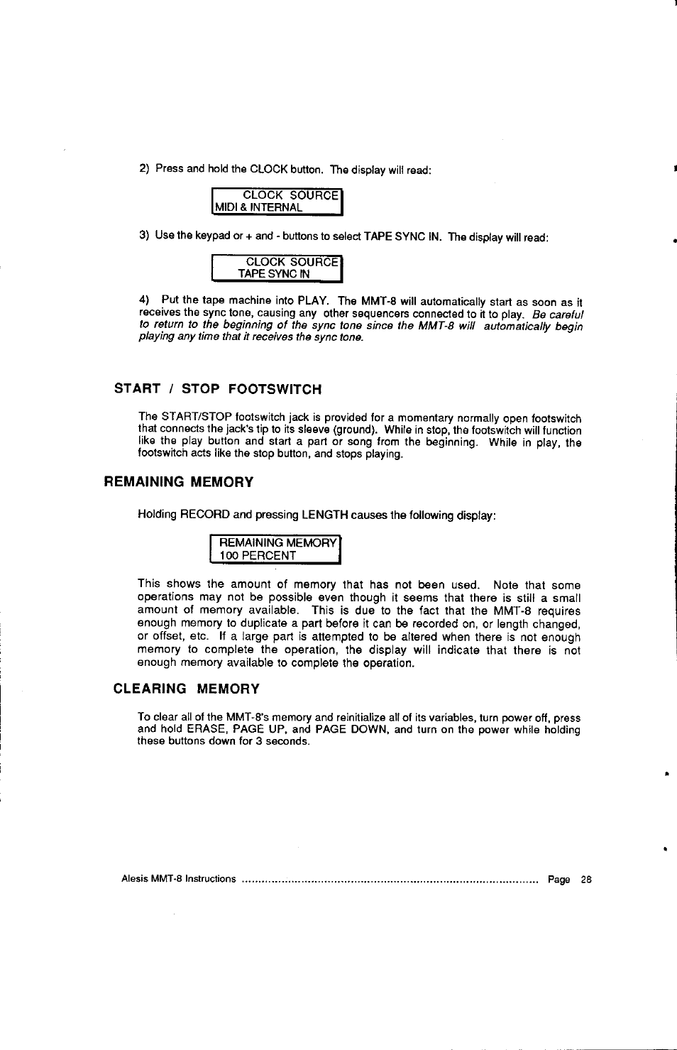 Start / stop footswitch, Remaining memory, Clearing memory | Start/stop footswitch 8, Remaining memory 8, Clearing memory 8 | ALESIS HR-16:B User Manual | Page 68 / 72