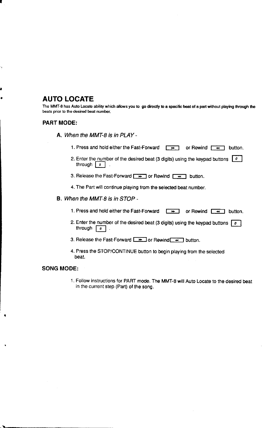 Part mode, Song mode, Auto locate | Button, I button | ALESIS HR-16:B User Manual | Page 69 / 72