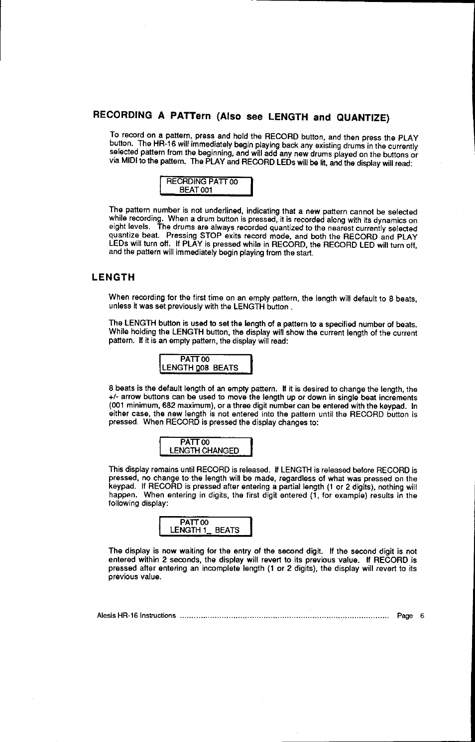 Recording a pattern (also see length and quantize), Length | ALESIS HR-16:B User Manual | Page 8 / 72