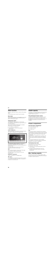 Alarm function, Door alarm, Temperature alarm | Freezer compartment, Refrigerator compartment, Usable capacity, Fully utilising the freezer volume, Use the freezer compartment, Purchasing frozen food, Max. freezing capacity | Siemens KA62DV71 User Manual | Page 38 / 129