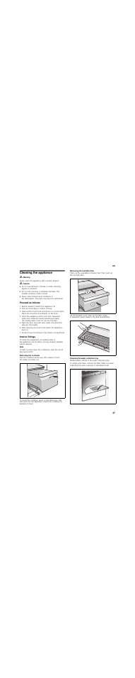 Cleaning the appliance, Proceed as follows, Interior fittings | Removing the container, Removing the humidity filter, Cleaning the water collection tray | Siemens KA62DV71 User Manual | Page 47 / 129