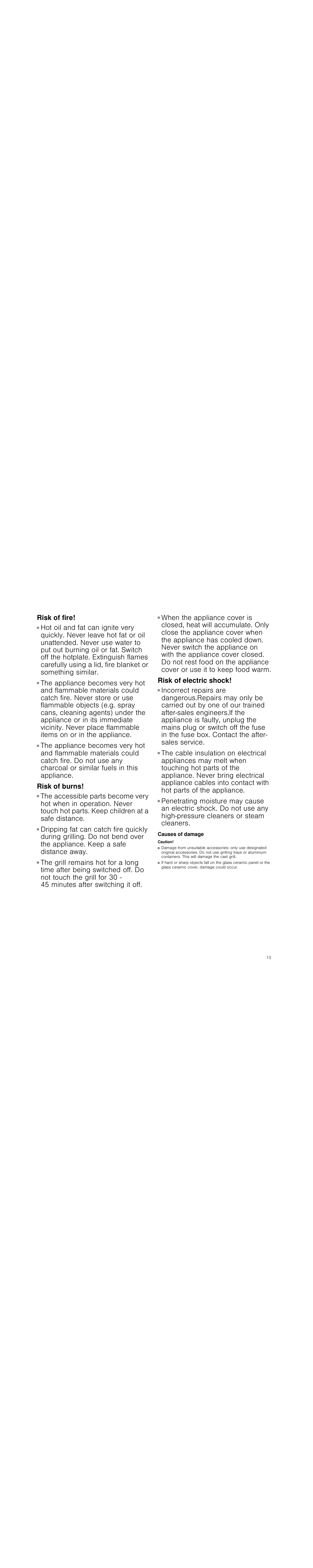 Risk of fire, Risk of burns, Risk of electric shock | Causes of damage, Caution, Damage from unsuitable accessories | Siemens ET475MU11E User Manual | Page 13 / 60