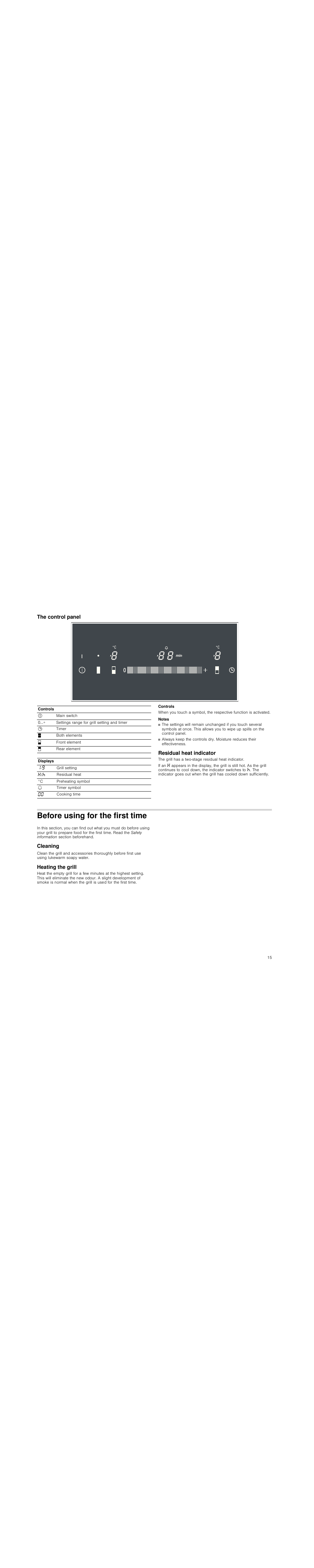 The control panel, Controls, Notes | Residual heat indicator, Before using for the first time, Cleaning, Heating the grill | Siemens ET475MU11E User Manual | Page 15 / 60