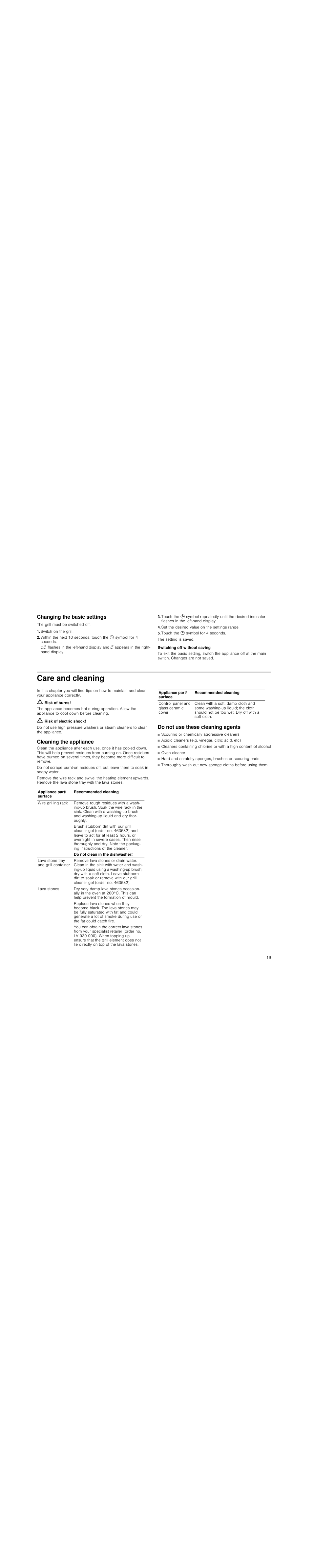 Changing the basic settings, Switch on the grill, Set the desired value on the settings range | Touch the 0 symbol for 4 seconds, Switching off without saving, Care and cleaning, M risk of burns, M risk of electric shock, Cleaning the appliance, Do not use these cleaning agents | Siemens ET475MU11E User Manual | Page 19 / 60