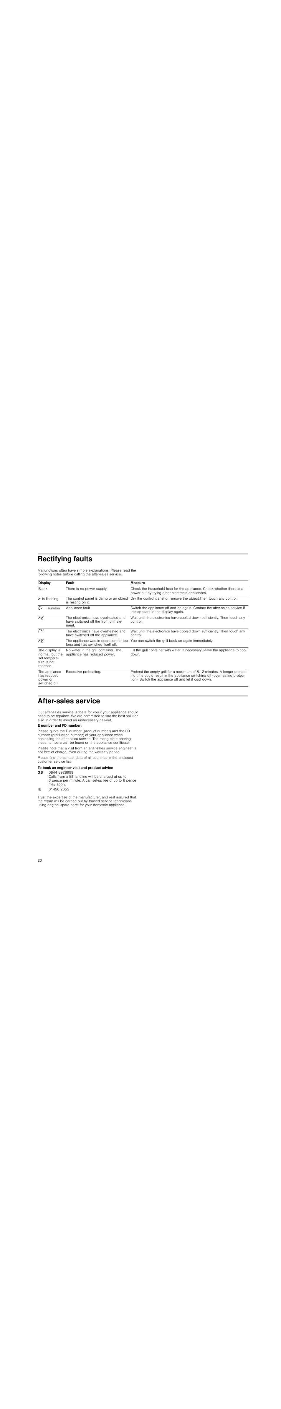 Rectifying faults, After-sales service, To book an engineer visit and product advice | Siemens ET475MU11E User Manual | Page 20 / 60