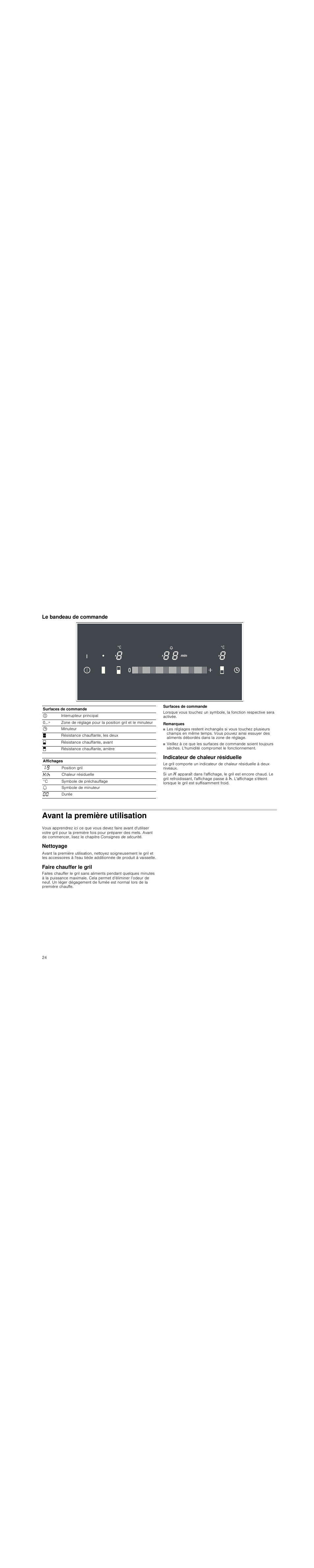 Le bandeau de commande, Surfaces de commande, Remarques | Indicateur de chaleur résiduelle, Avant la première utilisation, Nettoyage, Faire chauffer le gril | Siemens ET475MU11E User Manual | Page 24 / 60