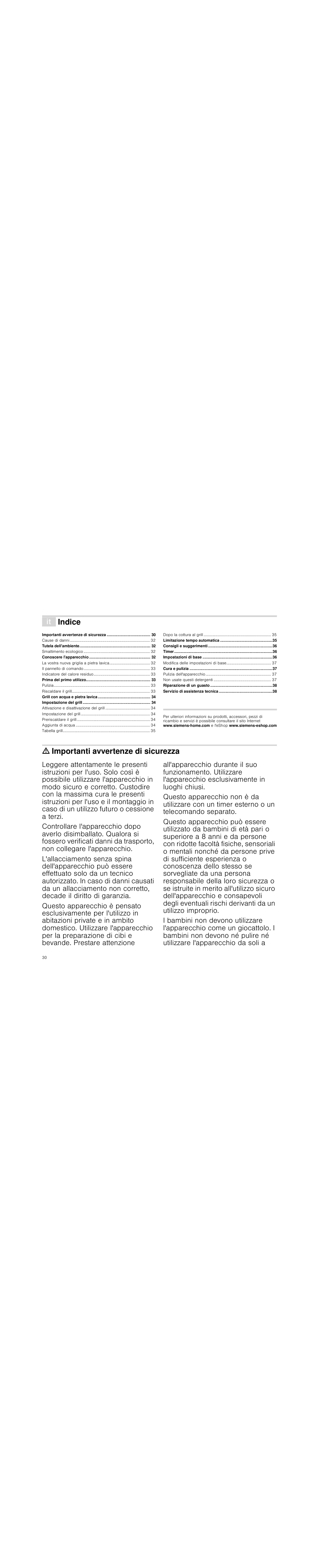 Â indice[it] istruzioni per l’uso, M importanti avvertenze di sicurezza, Indice | Ã=importanti avvertenze di sicurezza | Siemens ET475MU11E User Manual | Page 30 / 60