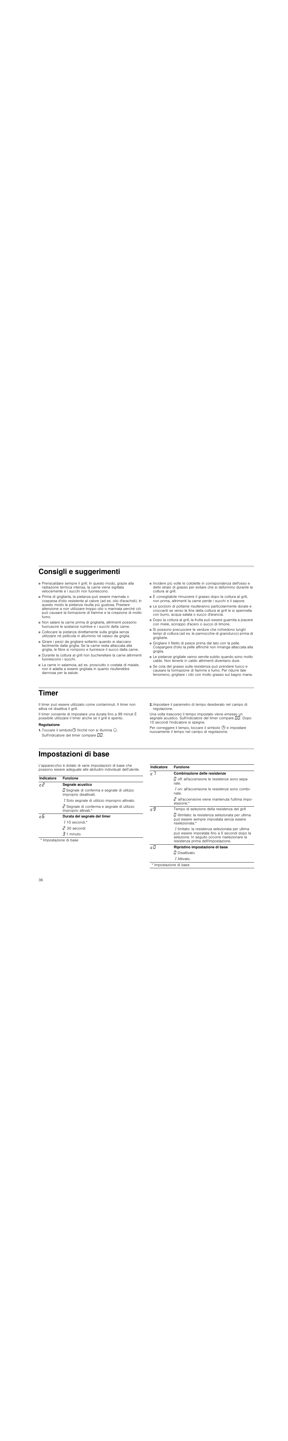 Consigli e suggerimenti, Timer, Regolazione | Toccare il simbolo0 finché non si illumina u, Impostazioni di base | Siemens ET475MU11E User Manual | Page 36 / 60