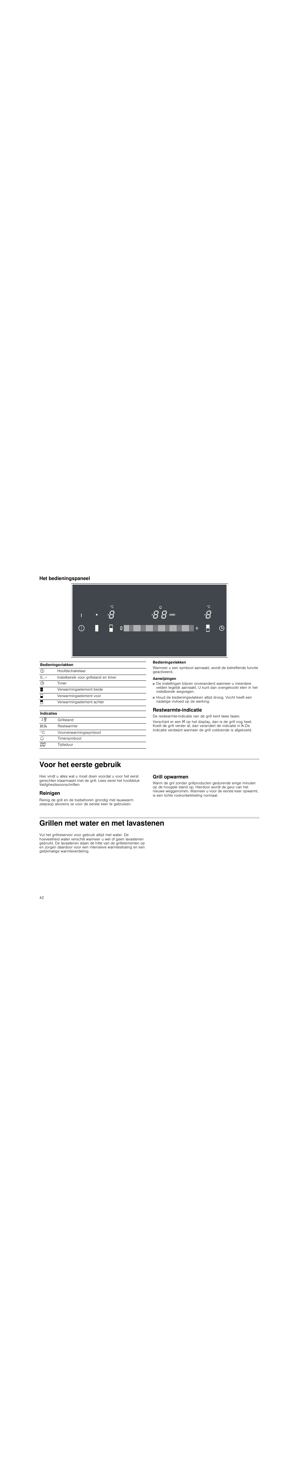 Het bedieningspaneel, Bedieningsvlakken, Aanwijzingen | Restwarmte-indicatie, Voor het eerste gebruik, Reinigen, Grill opwarmen, Grillen met water en met lavastenen | Siemens ET475MU11E User Manual | Page 42 / 60