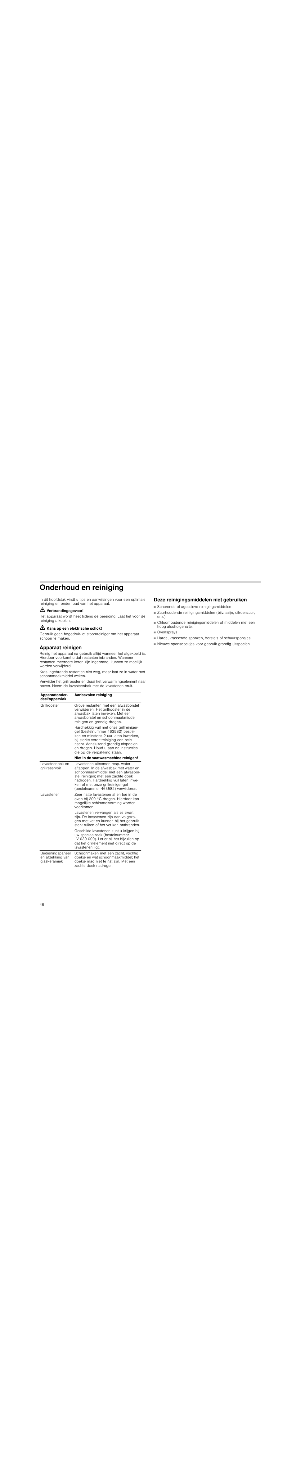 Onderhoud en reiniging, M verbrandingsgevaar, M kans op een elektrische schok | Apparaat reinigen, Deze reinigingsmiddelen niet gebruiken | Siemens ET475MU11E User Manual | Page 46 / 60