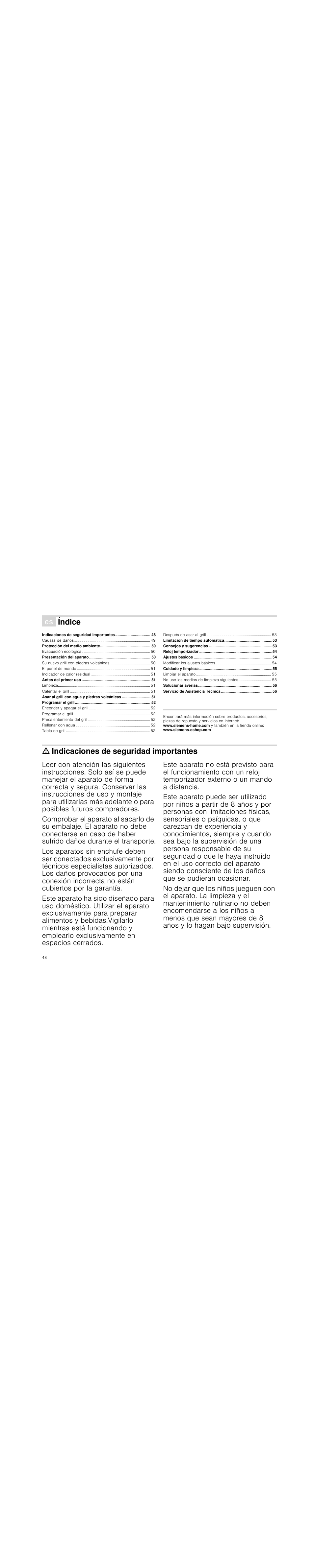 Û índice[es] instrucciones de uso, M indicaciones de seguridad importantes, Índice | Ã=indicaciones de seguridad importantes | Siemens ET475MU11E User Manual | Page 48 / 60