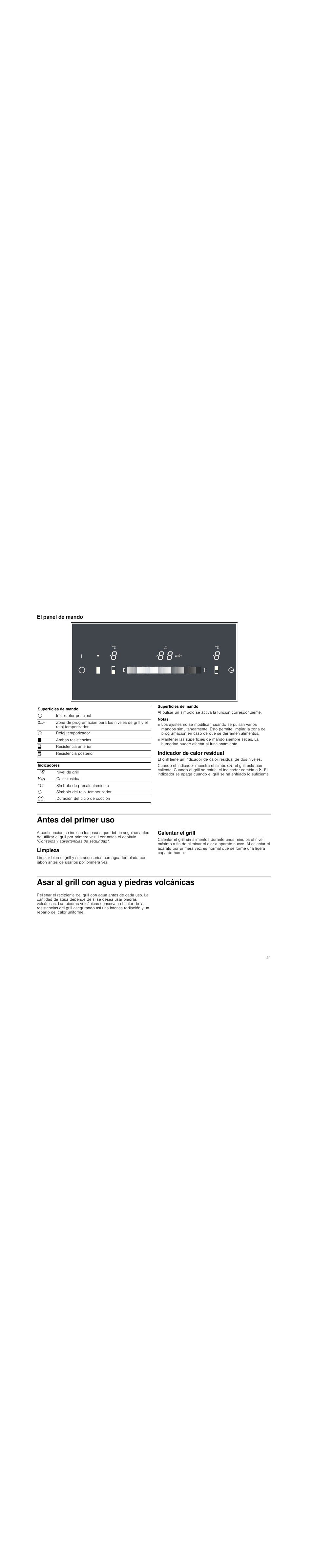 El panel de mando, Superficies de mando, Notas | Indicador de calor residual, Antes del primer uso, Limpieza, Calentar el grill, Asar al grill con agua y piedras volcánicas | Siemens ET475MU11E User Manual | Page 51 / 60