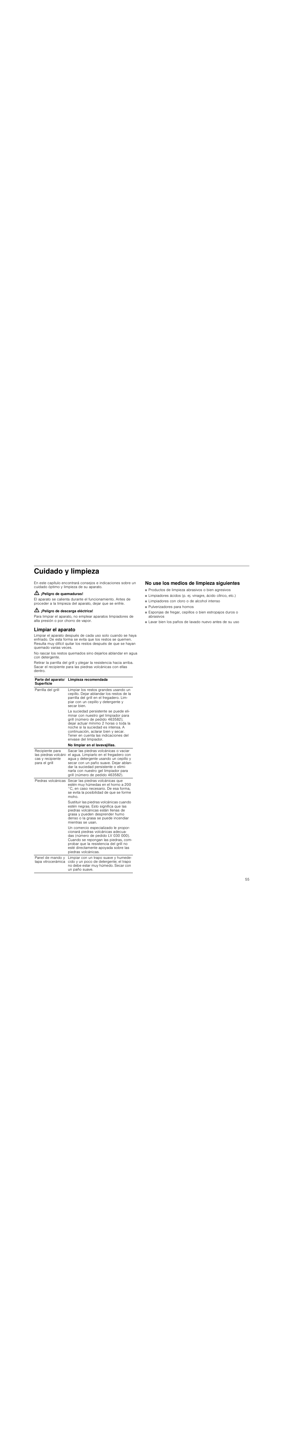 Cuidado y limpieza, M ¡peligro de quemaduras, M ¡peligro de descarga eléctrica | Limpiar el aparato, No use los medios de limpieza siguientes | Siemens ET475MU11E User Manual | Page 55 / 60