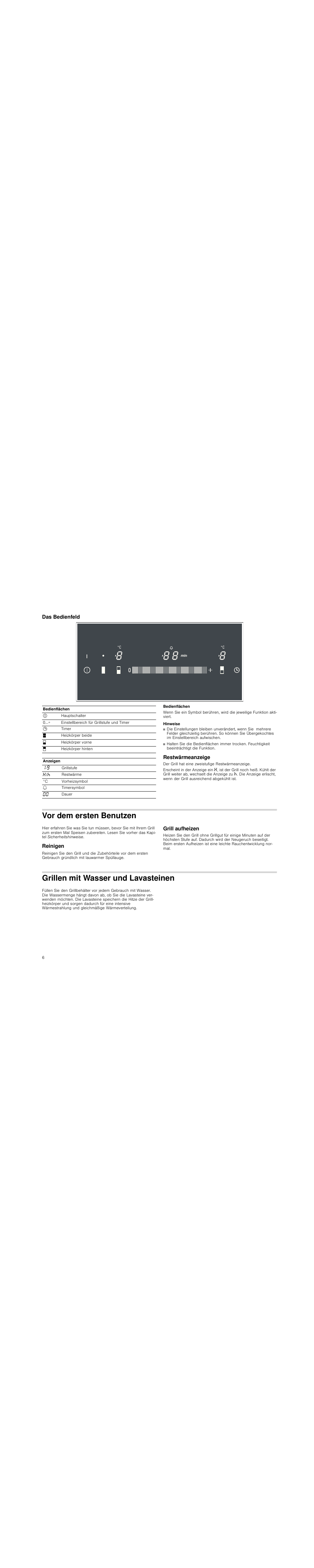 Das bedienfeld, Bedienflächen, Hinweise | Restwärmeanzeige, Vor dem ersten benutzen, Reinigen, Grill aufheizen, Grillen mit wasser und lavasteinen | Siemens ET475MU11E User Manual | Page 6 / 60