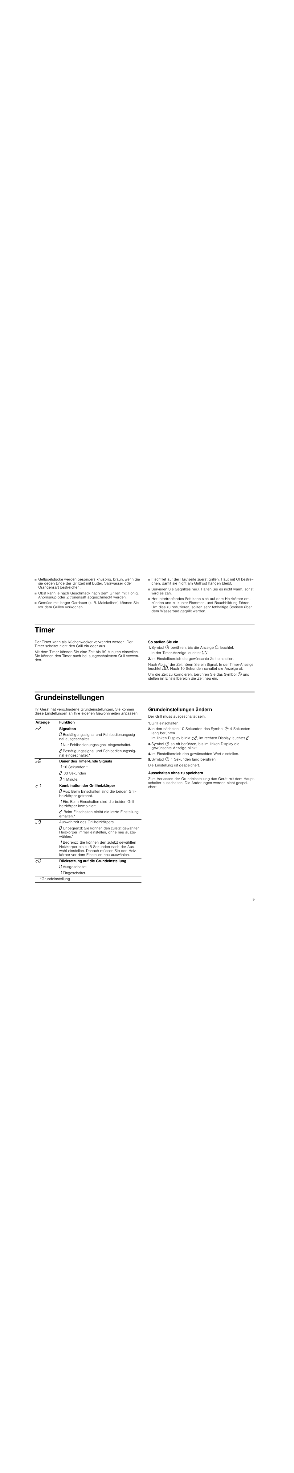 Timer, So stellen sie ein, Symbol 0 berühren, bis die anzeige u leuchtet | Im einstellbereich die gewünschte zeit einstellen, Grundeinstellungen, Grundeinstellungen ändern, Grill einschalten, Im einstellbereich den gewünschten wert einstellen, Symbol 0 4 sekunden lang berühren, Ausschalten ohne zu speichern | Siemens ET475MU11E User Manual | Page 9 / 60