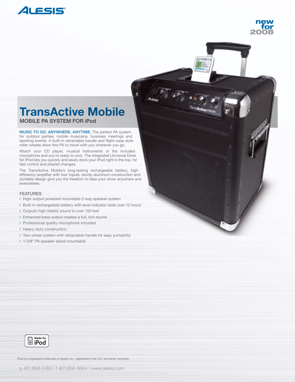 Transactive mobile, New for 2008, Mobile pa system for ipod | ALESIS SR-18 User Manual | Page 4 / 8
