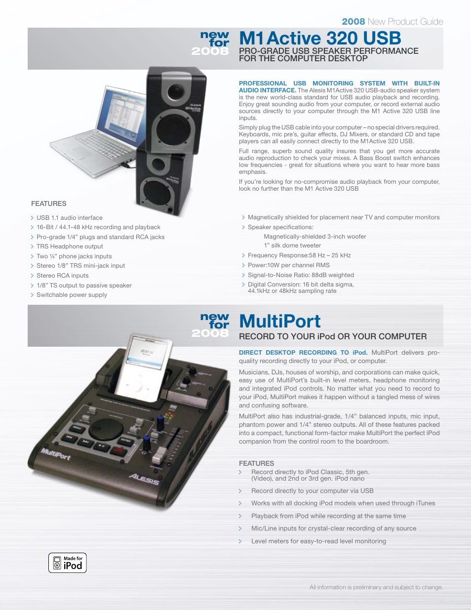 Multiport, M1active 320 usb, 2008 new product guide | ALESIS SR-18 User Manual | Page 5 / 8